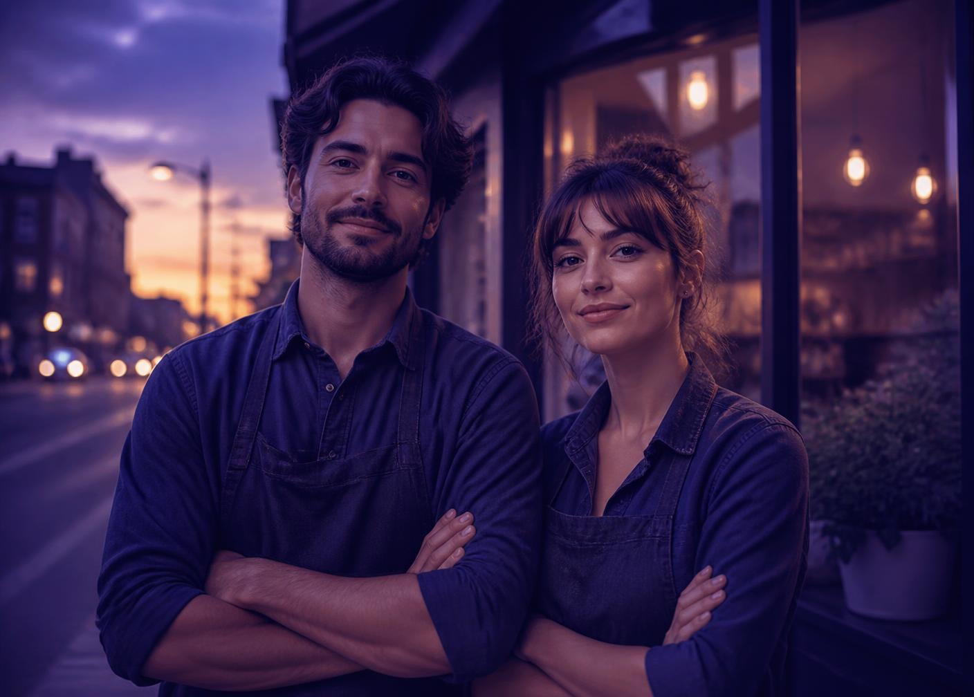 Small business owners standing in front of their storefront