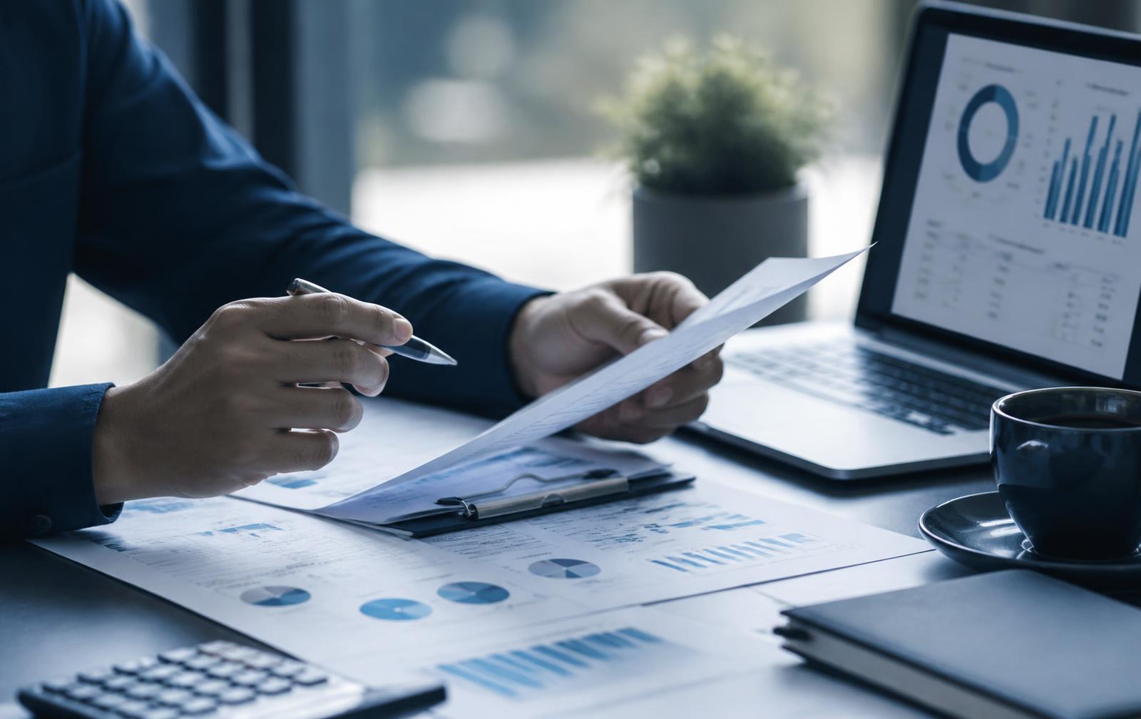 Reviewing tax documents and financial statements at a desk
